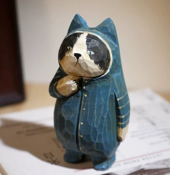 Hand-Carved Wooden Cat Figurine in Blue Clothes with Handle - Cartoon Style Desk Decor for Office or Bookshelf