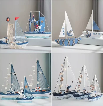 Mediterranean-Style Creative Home Decor – Handcrafted Wooden Sailboat Model Ornament (Small Boat)