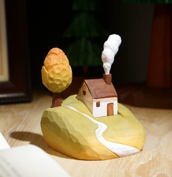 'Original Landscape of Hometown' Hand-Carved Wooden Ornament, Stress-Relieving Pastoral Cottage Creative Desktop Decor