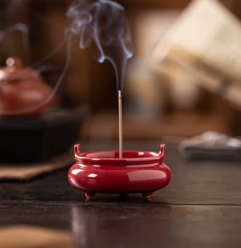 Chinese Red Three-Legged Incense Burner with Dual Handles - Retro Ceramic Aroma Furnace for Desktop Decoration and Scholar's Study