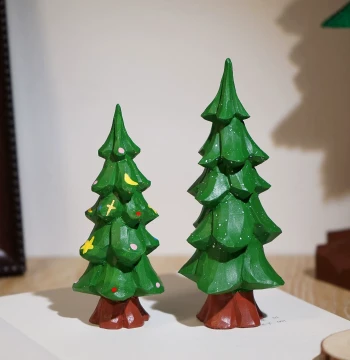 Winter Cedar Tree Hand-Carved Wooden Figurine - Cute Desk Decor for Office & Christmas Gift