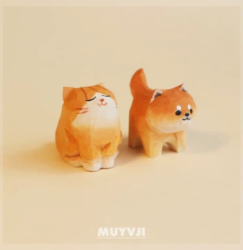 Hand-Carved Wood Kittens and Puppies ~ Solid Wood Healing Style Ornament, Desktop Workstation Mood Stabilizer, Birthday Gift for Women