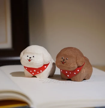 Red Scarf Teddy Hand-Carved Wooden Figurine - Cute Cartoon Dog for Healing Desk Decor