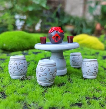 Retro Mini Chinese Style Small Round Stone Table and Stools, Ancient Architecture Model for Bonsai and Micro-Landscape Decoration
