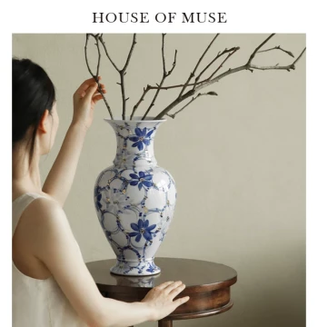 Muse Home "Gilded Blue-and-White" Hand-Painted Retro Ceramic Vase – New Chinese Style Floral Arrangement for Living Room & Entryway