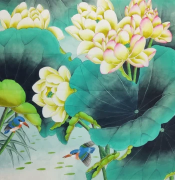 Hand-Painted Lotus and Kingfisher Traditional Chinese Art - Square Format GG
