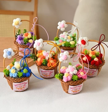 Hand-Knitted Mini Flower Basket with Artificial Flowers - Creative Desktop Ornament and Gift