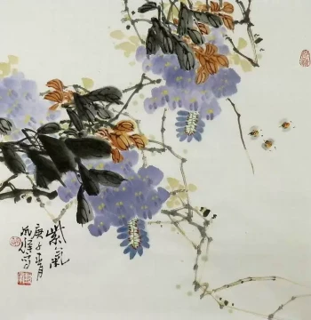 Traditional Chinese Bird-and-Flower Painting by Sun Yiqun - Hand-Painted Wisteria, Gourd, Persimmon, and Plum Blossom on 3-Chi Doufang Format (GG)