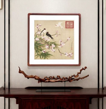 Yu Zhi Traditional Chinese Bird-and-Flower Painting – Modern Square Wall Art for Living Room, Office, or Hotel