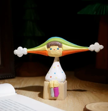 "Rainbow Girl" Hand-Carved Wooden Figurine - Cute Healing Desk Decor for Office & Computer Station
