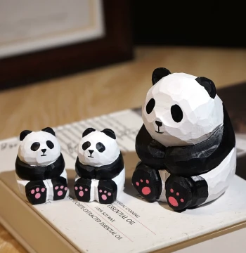 Round and Adorable Panda Hand-Carved Wooden Figurine: Animal Desktop or Car Decor, Cartoon Cute Mascot