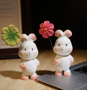 Lucky Rabbit Holding a Flower Hand-Carved Wooden Figurine - Cute Cartoon Creative Office Desk Decor and Gift