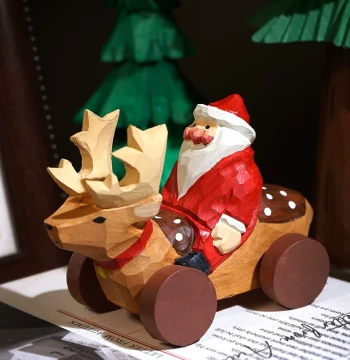 Hand-Carved Wooden Santa Claus Riding Reindeer Sleigh Figurine, Cartoon-Style Festive Decor and Gift