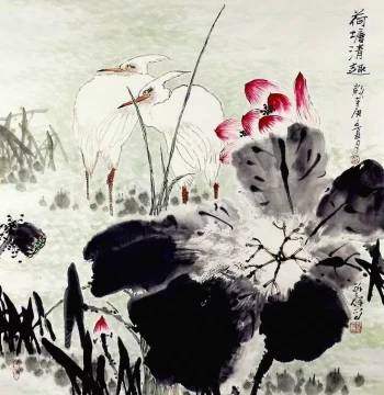 Chinese Flower-and-Bird Painting Featuring Lotus Pond, Gourds, Persimmons, and Pomegranates, Hand-Painted Artwork by Sun Yiqun, Four-Foot Square GG for Living Room Decor