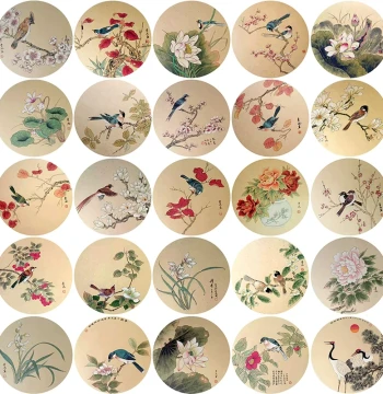 Beginner Gongbi Painting Round Fan, 24 Sheets of Line Drawing Drafts, Chinese Flower-and-Bird Palace Fan, Copying Line Art Patterns, Printed Base Sheets