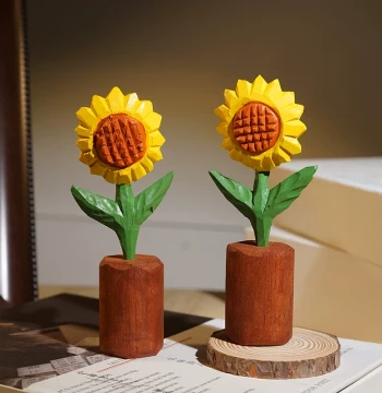 'Sunny Good Mood' Sunflower Hand-Carved Wooden Figurine - Desktop Decor for Office or Study, Perfect Teacher's Day Gift