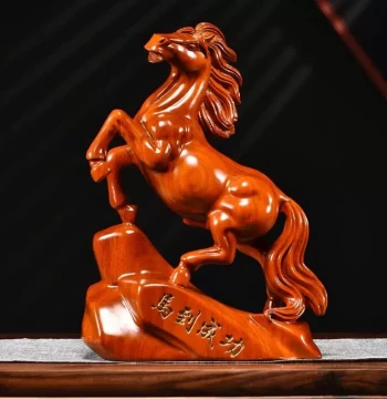Rosewood Horse Figurine - Hand-Carved Solid Wood Chinese Zodiac 'Instant Success' Decor for Home, Living Room, or Office - Perfect Gift