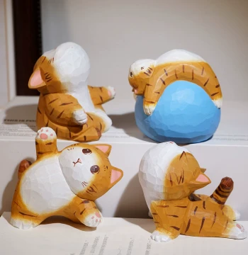 "Yoga Cat" Hand-Carved Wooden Figurine for Desk, Office, or Computer Setup – Decor and Colleague Gift