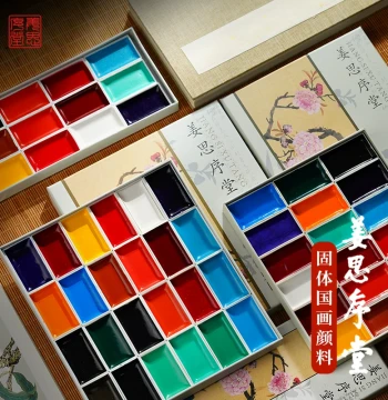 Jiang Sixutang Solid Chinese Painting Pigment Set - 12/18/24 Colors for Beginners, Suitable for Gongbi and Freehand Landscape, Bird, and Flower Paintings, Gift Box