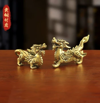 Pure Brass Pixiu Statues (Male and Female Pair) - Wealth-Attracting Qilin Beast Decor for Living Room, Tea Pet, and Metal Craft