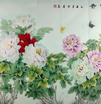 Six-Foot Gongbi Style Traditional Chinese Painting - Hand-Painted Decor by Gu Xuefang Featuring Birds, Lotus, Mandarin Ducks, Peonies & Nine Fish (180GG)