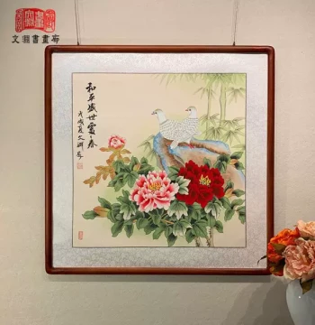 Hand-Painted Chinese Peony Art Print – 'National Beauty' Framed Decor in New Chinese Style