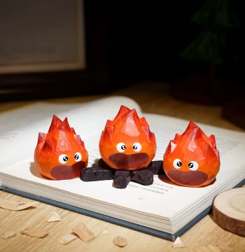 Hand-Carved Wooden Calcifer Flame Figurine from Howl's Moving Castle for Desk Decoration
