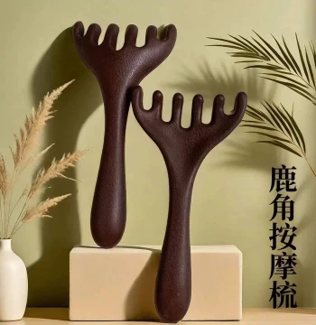 Deer Antler Head Massage Meridian Comb - Natural Sandalwood Scalp Gua Sha Tool for Wellness, Six-Claw Design