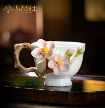 Intangible Cultural Heritage Handmade Ceramic Cup with Peach Blossom Design by Dongfang Nitu