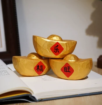 Lucky Gold Ingot Hand-Carved Wooden Figurine - Cute Cartoon Creative Wealth Attractor for Office Desk Decor