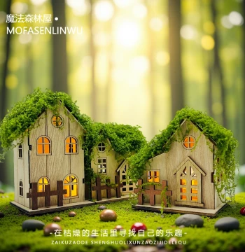 Miniature Forest Scene Wooden House with Moss Roof – Handcrafted Terrarium Decor with Lighting Accessories