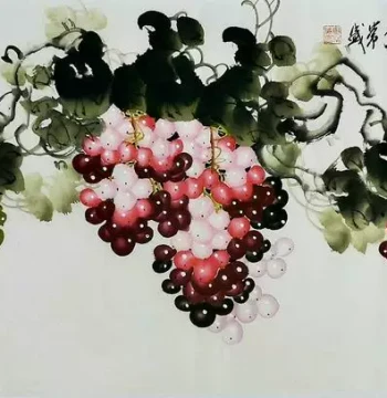 Hand-Painted Chinese Grape Painting - Traditional Bird-and-Flower Art for Dining Room or Living Room Decor by Bi Changsheng (3-Foot Horizontal Scroll 100GG)