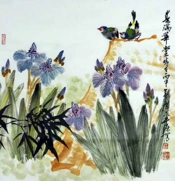Hand-Painted Chinese Bird-and-Flower Painting for Living Room Decor, Niu Yuan Four-Foot Square Format Featuring Camellia, Mandarin Ducks, Plum Blossoms, Lotus, and Carp GG
