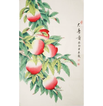 Gongbi Peach Decorative Painting, Hand-Painted Flower and Bird Art, 3-Foot Hallway or Living Room Wall Scroll by Qin Wei 01129