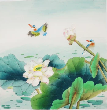 Hand-Painted Gongbi Art without Signature - Pure Handmade Flower and Bird Painting (Peony & Lotus) #00006
