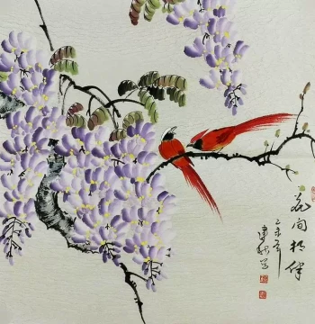 Hand-Painted Chinese Bird-and-Flower Art by Wang Jianqiu – 4-Chi Square Format Featuring Wisteria, Lotus Pond, and Persimmons, Elegant Living Room Décor