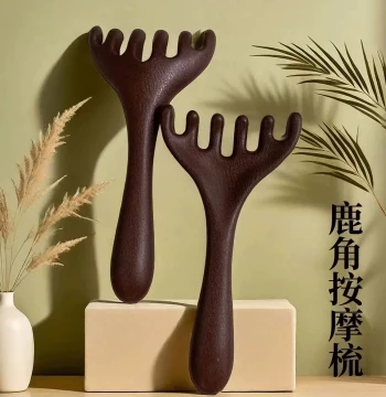 Deer Antler Head Massage Meridian Comb - Natural Sandalwood Scalp Gua Sha Tool with Six Claws for Wellness and Circulation