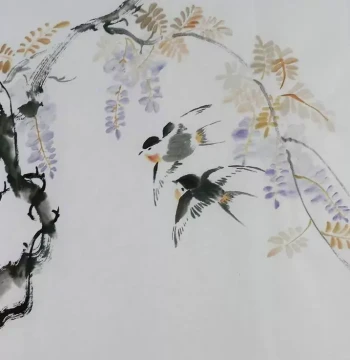 Hand-Painted Calligraphy and Painting for Living Room Decor, Hot Seller I072449, Three-Foot Doufang Unsigned Chinese Flower-and-Bird Painting, Wisteria