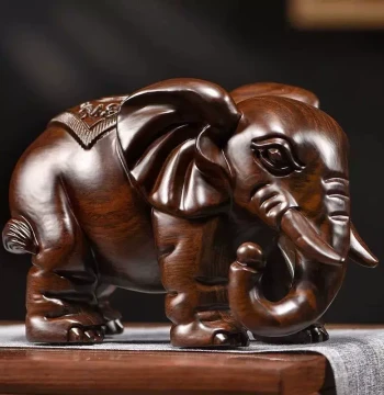 Ebony Wood Carved Elephant Figurines, Solid Wood Pair, Rosewood Home Entryway & Office Decorative Crafts