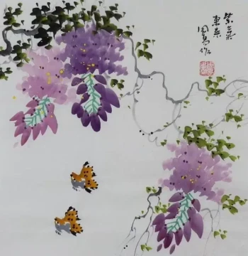 Hand-painted Chinese Flower-and-Bird Art Featuring Wisteria, Peony, and Bamboo - Traditional Decor for Living Room, Office, or Electrical Box Cover (Zhou Yi Series GG)
