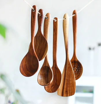 Thai Teak Kitchen Utensils - Long-Handle Wooden Spatula for Stir-Frying, Non-Stick Pan Safe Frying Spoon, Rice Scoop, Soup Ladle, and Slotted Spoon