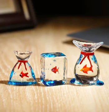 'Wish You Fish Happiness' Handmade Glass Fish Bag Ornament for Office, Desktop, or Car