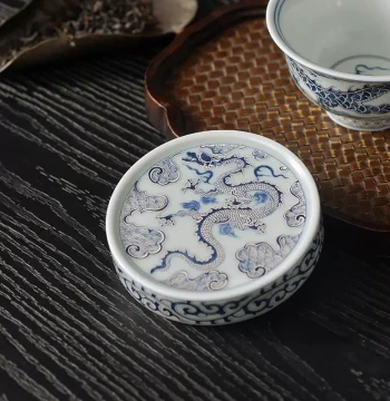 Handmade Silver-Gilt Blue-and-White Dragon Teapot Lid Rest and Coaster for Small Zisha Teapots - Home Tea Ceremony Accessory and Gift