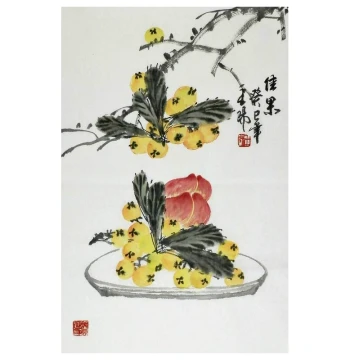 Hand-Painted Chinese Bird-and-Flower Art Featuring Peonies, Peaches, and Persimmons by Wang Yang