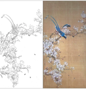 TP352 Line Drawing Drafts for Traditional Chinese Flower-and-Bird Paintings (Square Format Printable Templates)