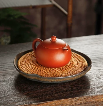Rough Pottery with Rattan Weaving: Tea Tray, Cup Mat, and Water Reservoir for Gongfu Tea Ceremony