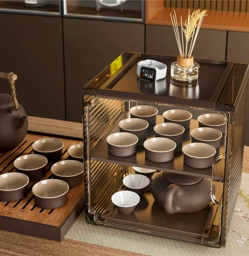 Desktop Gaiwan Kung Fu Tea Cup Rack, Purple Clay Teapot Storage Box with Lid, Dust-Proof Cup Organizer, Space-Saving Stackable Shelf