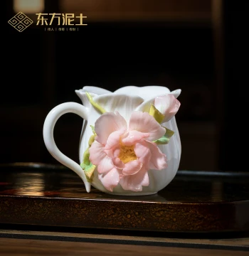 Oriental Clay Intangible Cultural Heritage Handmade Porcelain Peony Flower Ornament - Creative Coffee Cup/Water Cup Desktop Decor and Birthday Gift for Women