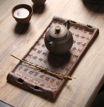 Vintage Coarse Pottery Tea Tray with Heart Sutra Design for Gaiwan and Yixing Teapot