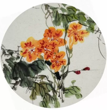 Chinese Flower-Bird Round Fan Painting: Hand-Powered Miniature Art without Signature Featuring Peony, Lotus, Gourd, and Persimmon - 33cm Diameter (GG)